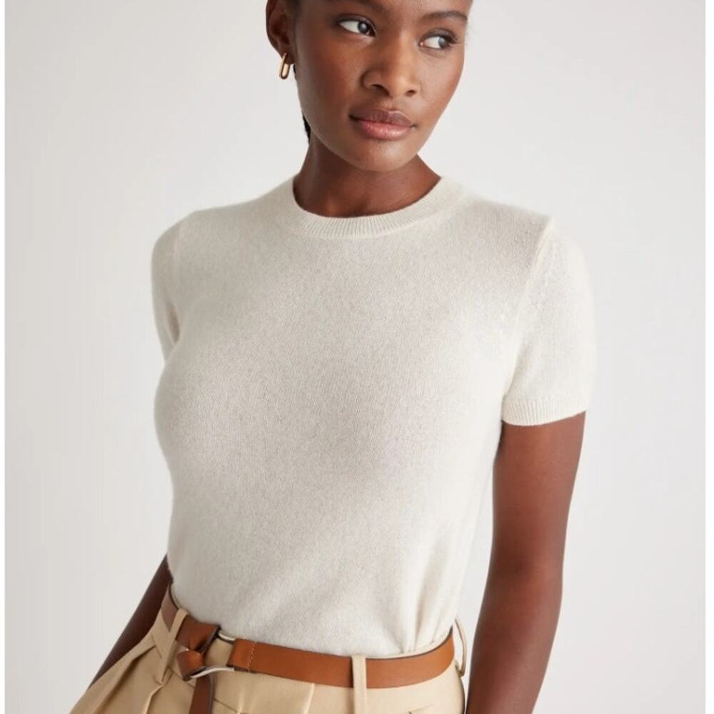 Quince Women's Ivory 100% Mongolian Cashmere Tee Cozy S/S Sweater Knit Top XS